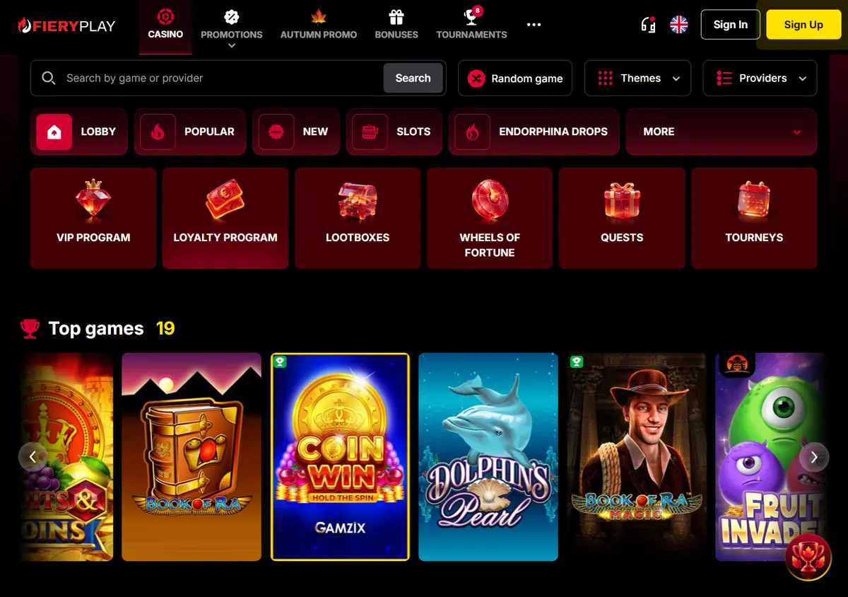 FieryPlays lobby med VIP-program, lootboxes og lykkehjul