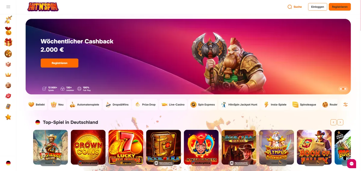 Deutschsprachige Startseite von Hit'n'Spin mit der Rubrik Top-Spiel in Deutschland