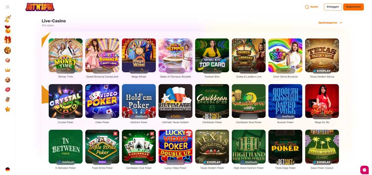 Live-Casino von Hit'n'Spin mit Spielshows und Poker-Varianten