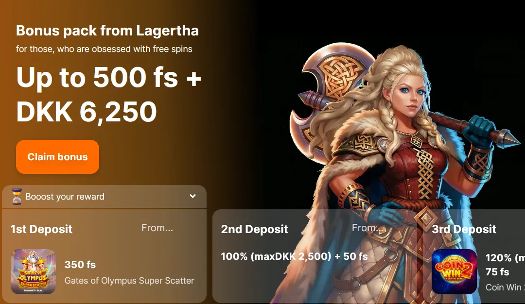 Hit'n'Spins Lagertha-pakke: op til 500 free spins og 6.250 kr.