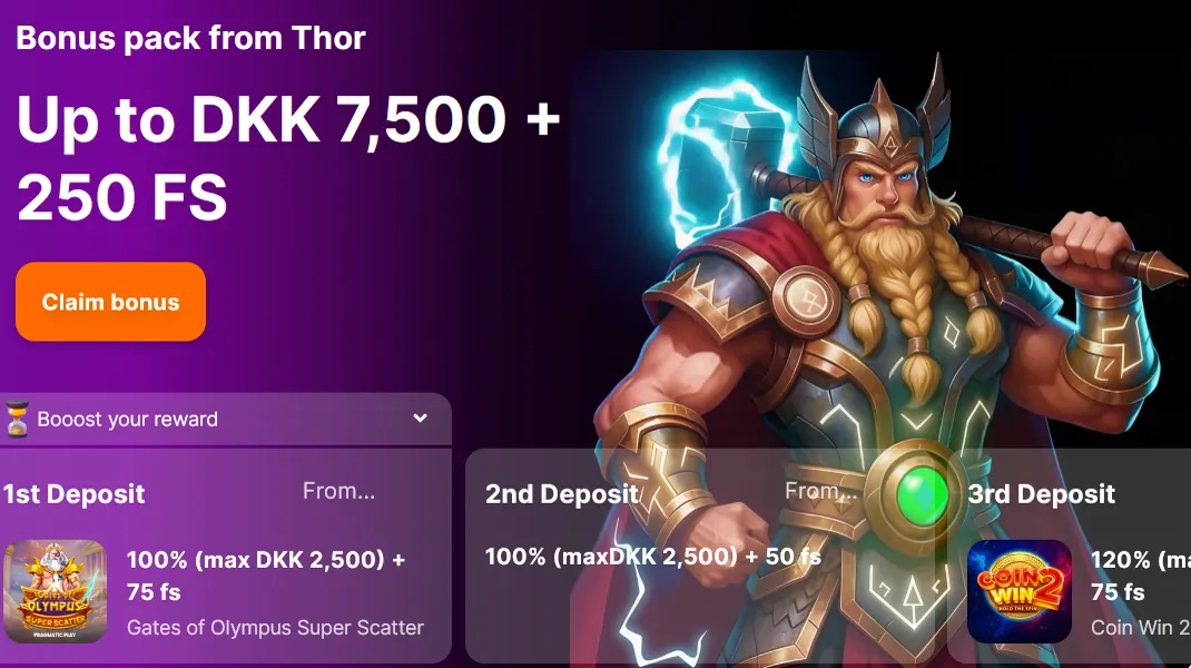 Hit'n'Spins Thor-pakke: op til 7.500 kr. og 250 free spins