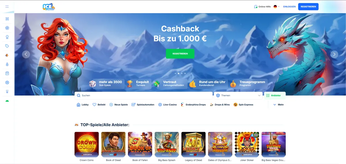 Deutschsprachige Startseite von IceCasino mit Cashback bis 1.000 €