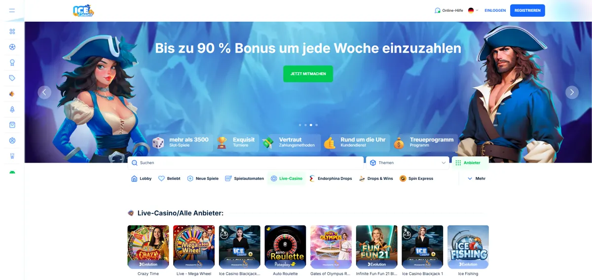 Live-Casino von IceCasino mit Crazy Time, Mega Wheel und eigenen Blackjack-Tischen