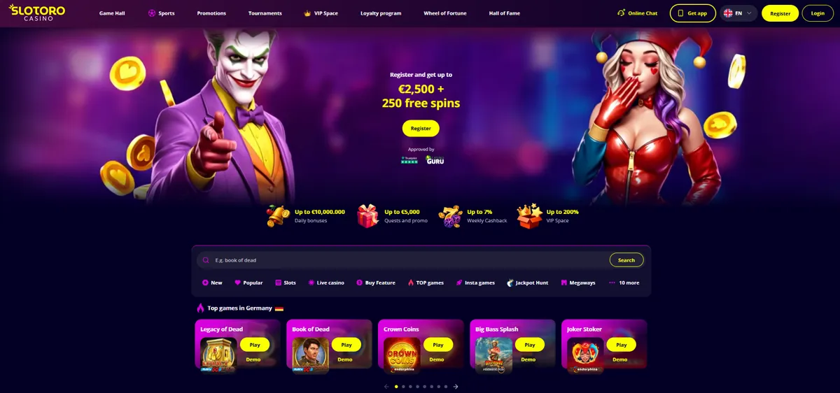 Startseite von Slotoro mit dem Willkommenspaket über 2.500 € und 250 Freispiele