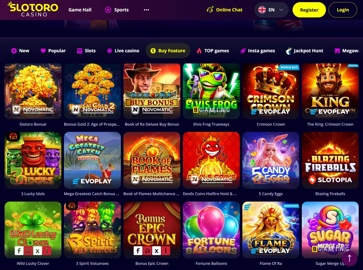 Slotoros spillelobby med Buy Feature-spil