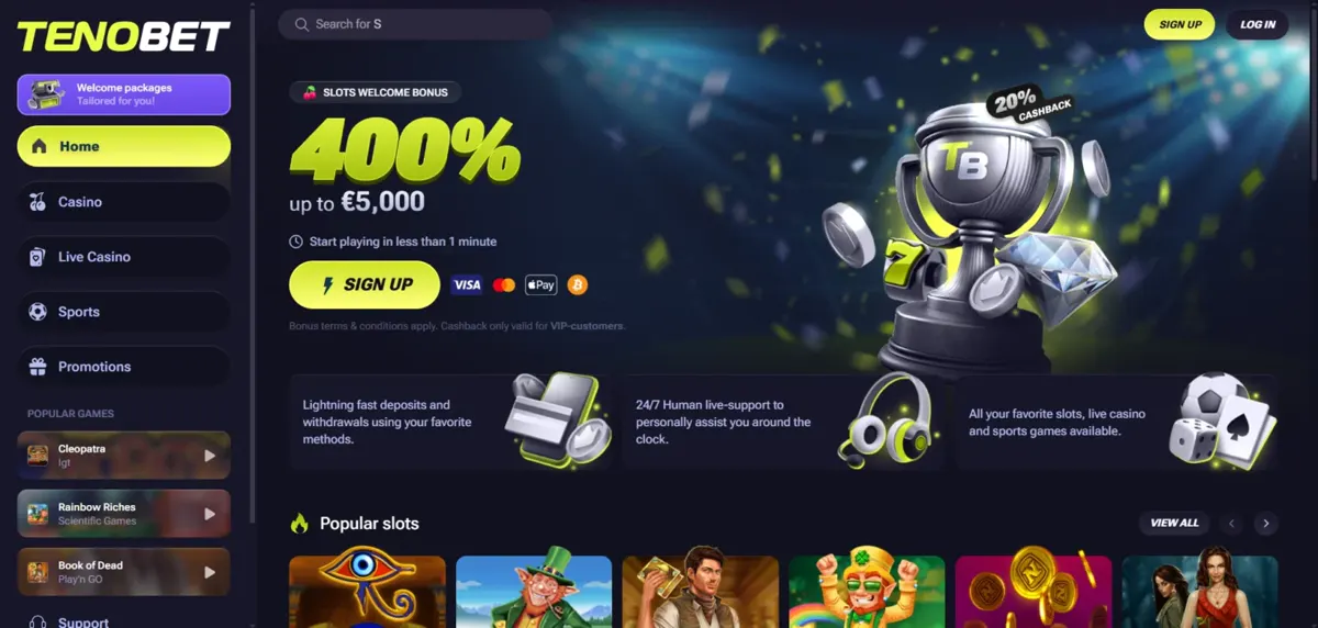 Tenobet homepage advertising 400% up to €5,000