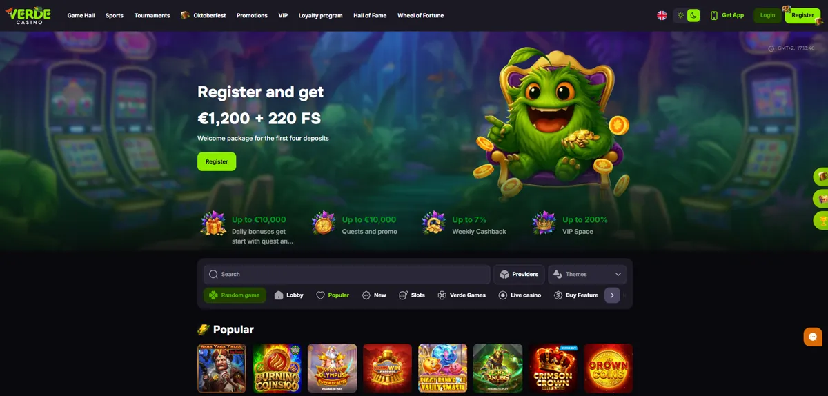 Startseite von VerdeCasino mit dem Willkommenspaket über 1.200 € und 220 Freispiele