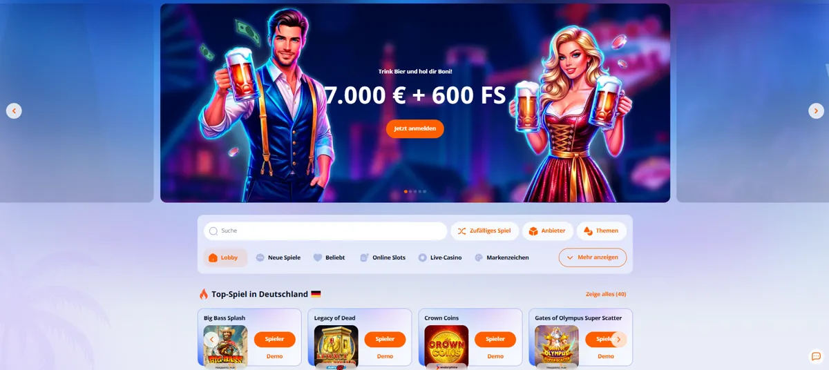 Deutschsprachige Startseite von V.Vegas mit dem Willkommenspaket über 7.000 € und 600 Freispiele