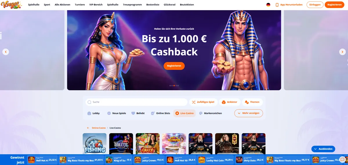 Live-Casino von V.Vegas mit Cashback-Banner über bis zu 1.000 €